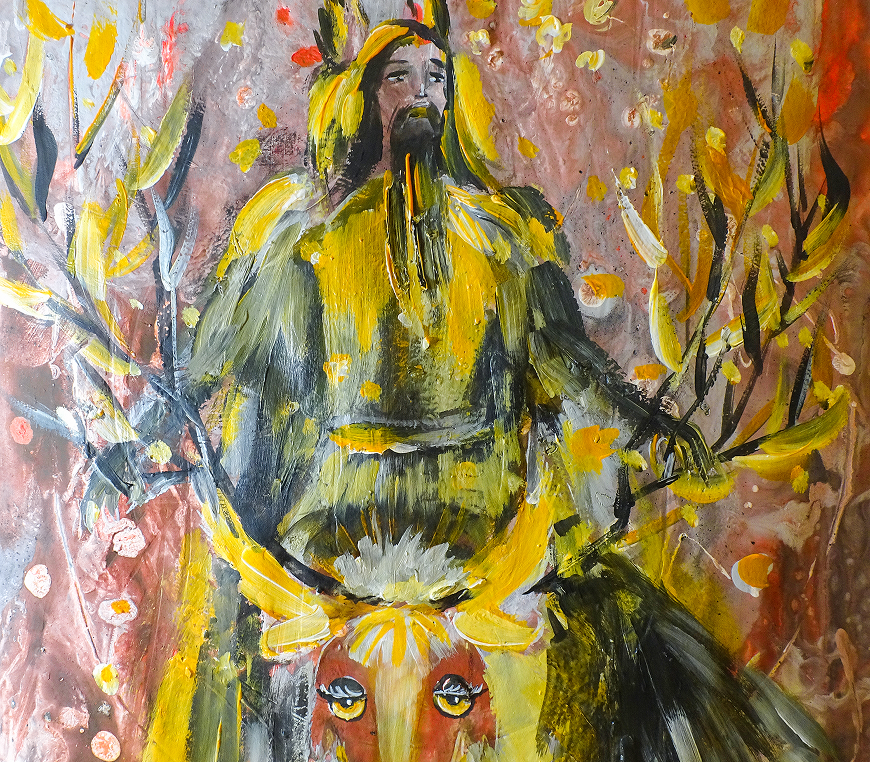 Colorful abstract painting of a bearded figure