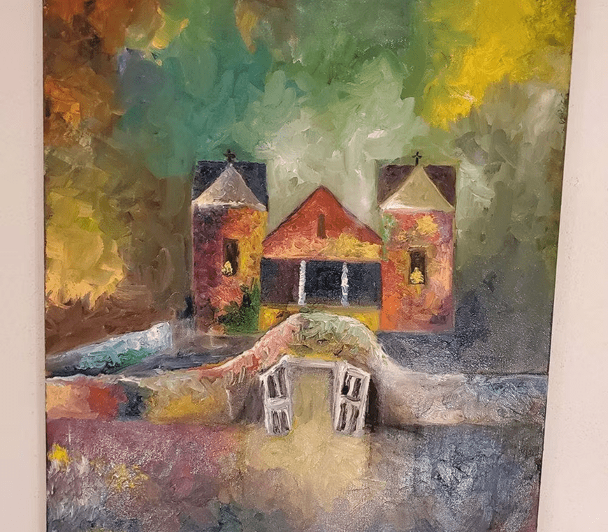 Vibrant landscape with house and bridge