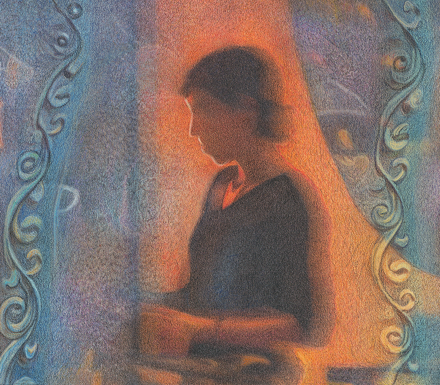 Silhouette of a person with ornate frame.
